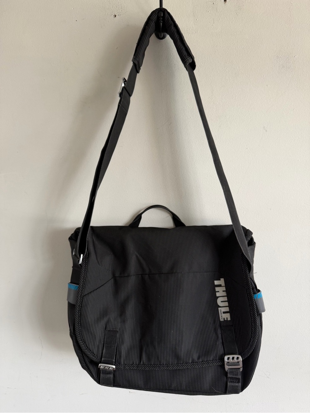 Thule Black Messenger Bag with Blue Accent